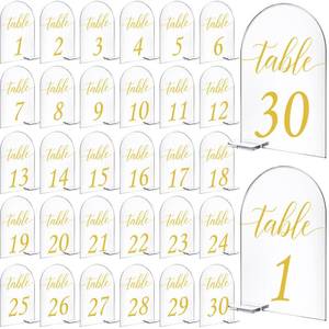 lot 1229 image: Vicenpal 4 x 6 Inch 30 Sets Acrylic Gold Table Numbers 1-30 Clear Table Signs Display Stand for Wedding Reception Event Party Centerpieces Decor - Retail $25