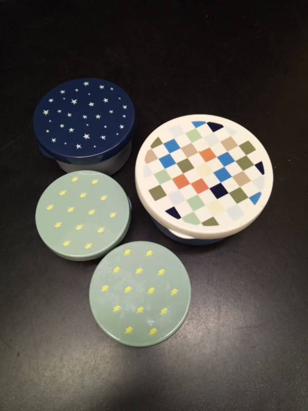 lot 2024 image: Metal Tin Set with Decorative Lids plus an extra small tin - Retail $25