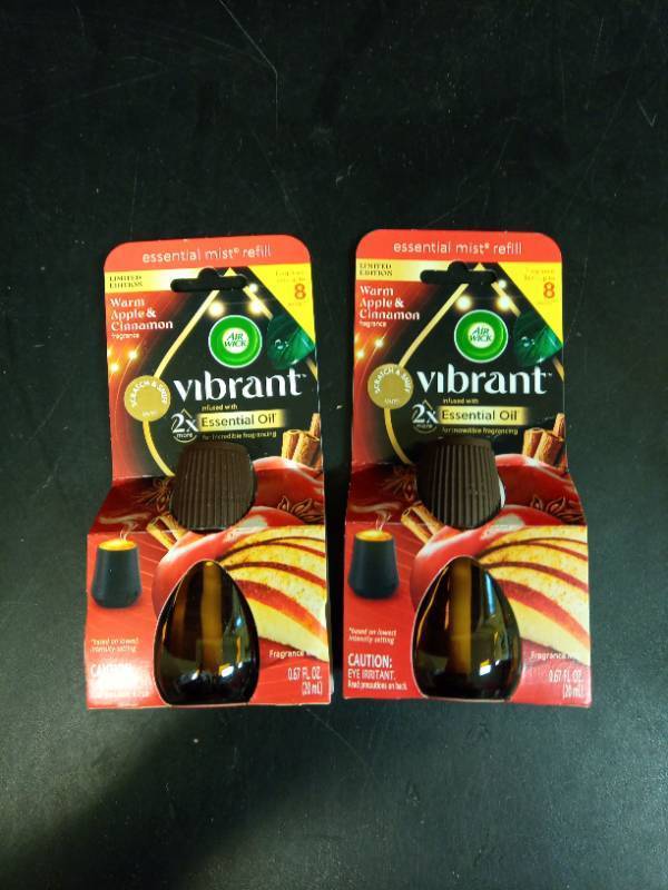 lot 2037 image: Two Pack Air Wick Essential Mist Vibrant Scented Oil Air Freshener Diffuser Refill  Warm Apple and Cinnamon  2 Count - Retail $19