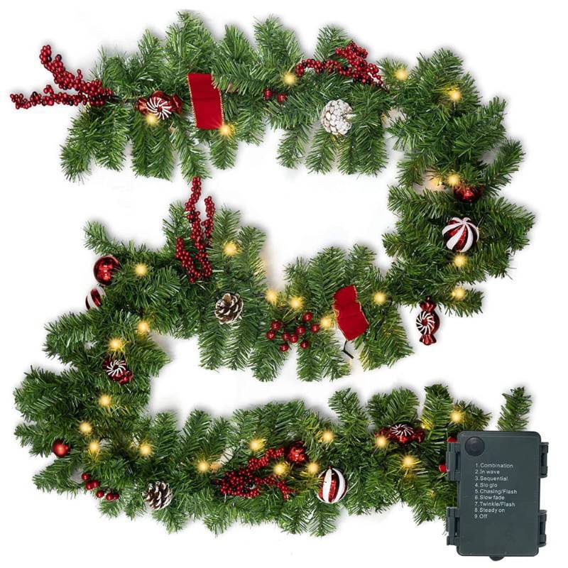 lot 2043 image: Nerosun 9FT Christmas Garland with 50LED Lights, Battery Operated Prelit Garland Christmas Decorations Timer 8 Mode, Artificial Outdoor Christmas Garland Greenery Pinecone for Indoor Door Decor - Retail $30
