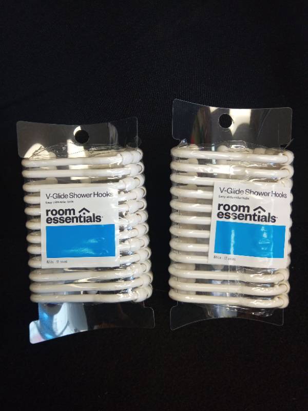 lot 2012 image: 2 pk Plastic V Glide Hooks White - Room Essentials ABS Material, 12-Pack, Glossy Finish, Shower Liner Rings - Retail $12
