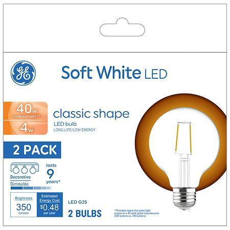lot 2031 image: GE 2pk 40W G25 LED Globe Light Bulbs Soft White GCSWC - Retail $16