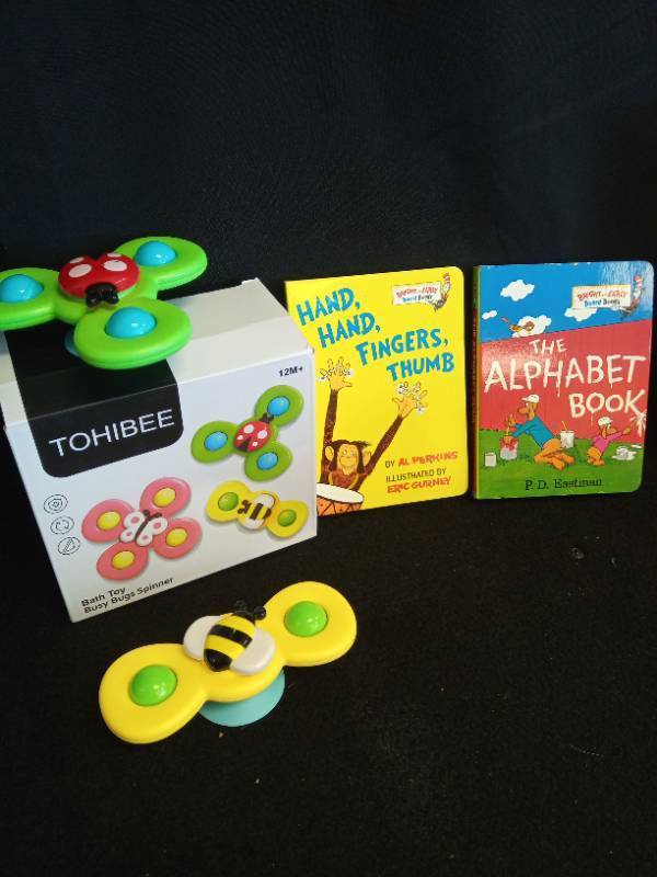 lot 2050 image: Childrens Book Bundle with 2 TOHIBEE Busy Bugs Spinner Toy - Retail $15