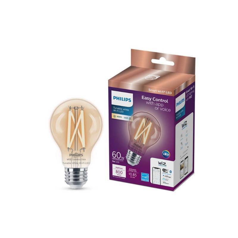 lot 2061 image: Philips Smart 60W Clear Tunable White Filament A19 1P LED Dimmable Light Bulb, Compatible with Alexa & Google Home - Retail $14
