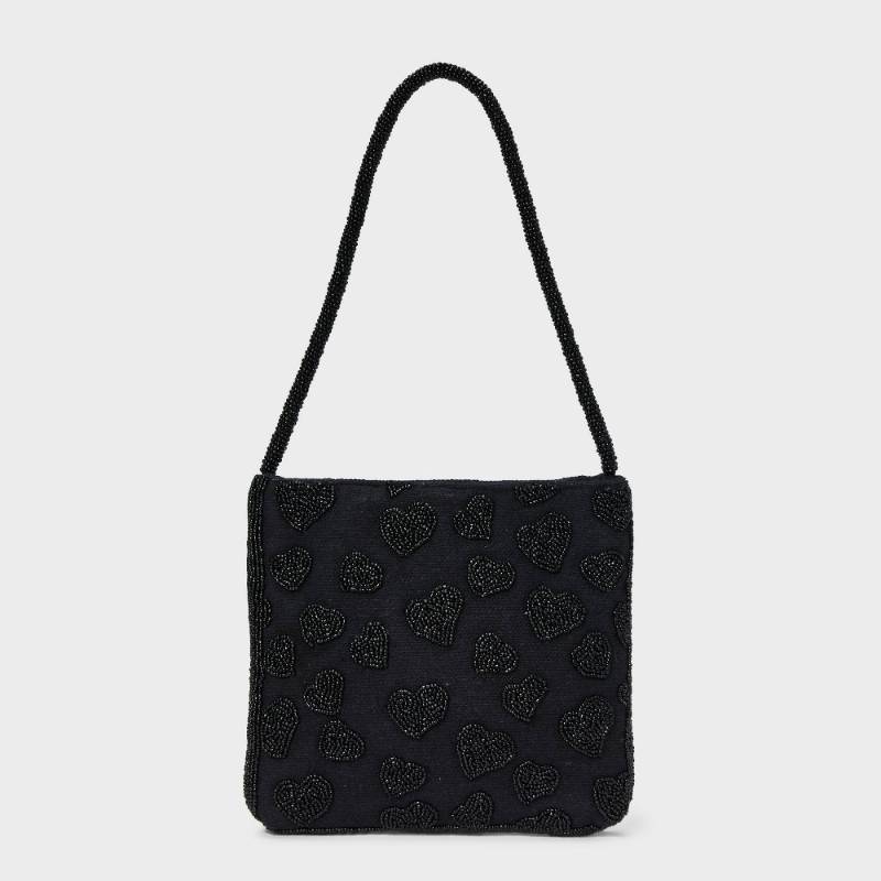 lot 2127 image: Beaded Heart Flat Shoulder Bag - A New Day�� Black Floral Pattern, Beaded Handle, Jacquard Weave, Collapsible Design - Retail $30