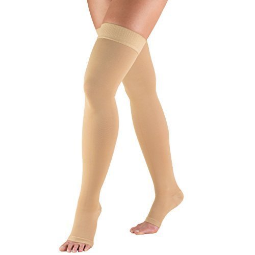 lot 2130 image: Truform 20-30 mmHg Compression Stockings for Men and Women, Thigh High Length, Dot-Top, Open Toe, Beige, Medium Retail $25.66
