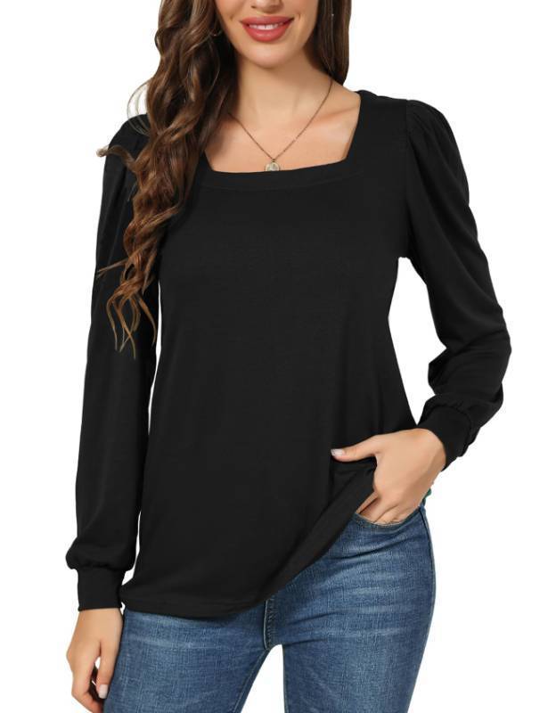 lot 2131 image: Halife Square Neck Tops for Women Long Sleeve Shirts Casual Puff Sleeve Blouses Black S Retail $19.20
