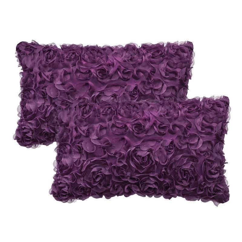 lot 2084 image: CaliTime Throw Pillow Cases Pack of 2 Solid 3D Stereo Chiffon Rose Flower Decorative Cushion Covers Shells for Couch Sofa Bedroom 12 X 20 Inches Purple Retail $20