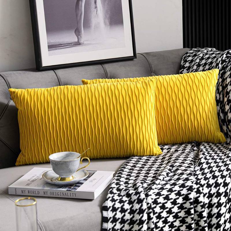 lot 2104 image: DEZENE Mustard Yellow Couch Pillow Covers 2 Pack 12x20 Inch Original Striped Velvet Rectangular Throw Pillow Cases for Farmhouse Home Decor&nbsp