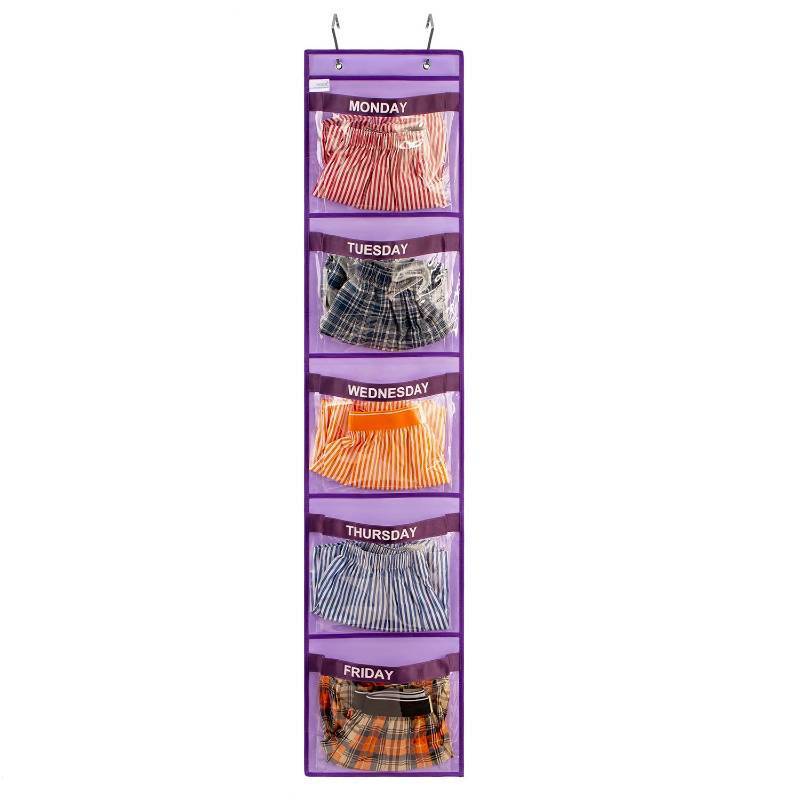 lot 2145 image: ANIZER Day of Week Kids Clothes Organizer Weekly Hanging Closet Organizer Monday to Friday School Clothing Storage (PURPLE) - Retail $15