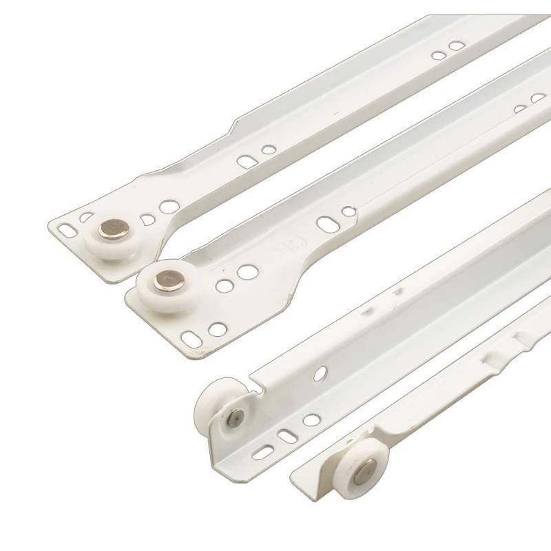 lot 2158 image: Prime-Line R 7211 Drawer Slide Kit �� Replace Drawer Track Hardware �� Self-Closing Design ��Fits Most Bottom Side-Mounted Drawer Systems ��17-34 In. Steel Tracks, Plastic Wheels, White (1 Pair) - Retail $13
