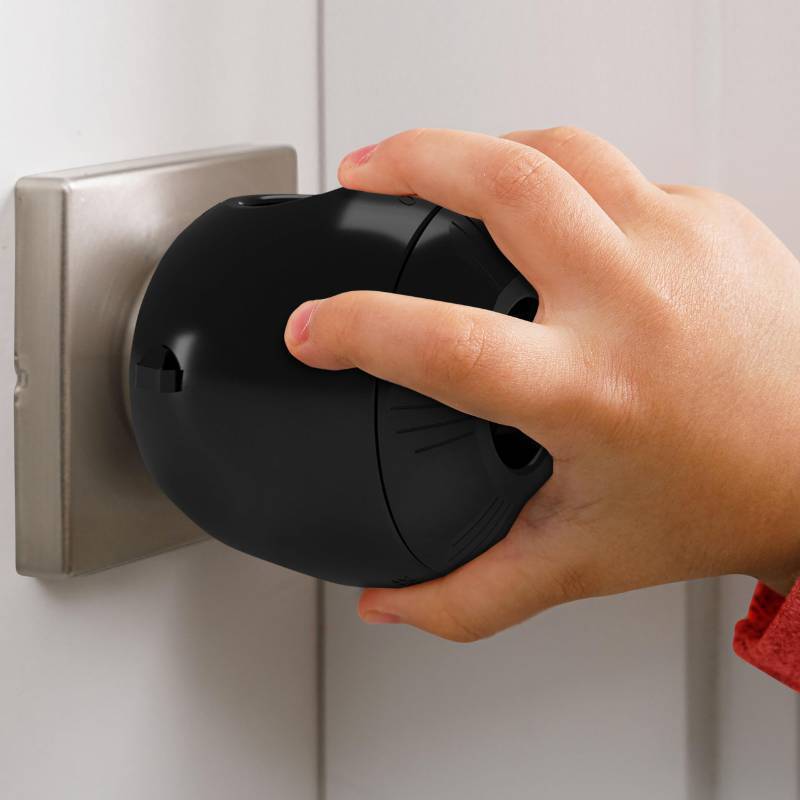 lot 2153 image: Child Safety Door Knob Cover (4 Pack) Hard-to-Remove Dual-Lock Door Handle Covers for Kids - Reusable Baby Proof Door Knob Locks - Installs Easily, No Tools Needed (Black) Retail $12.49