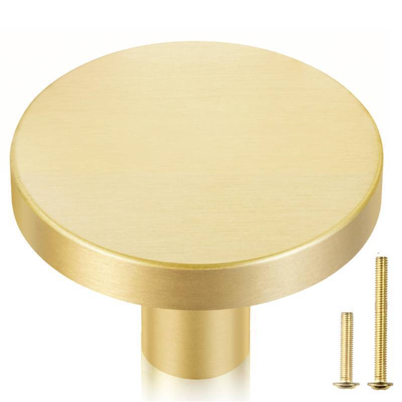 lot 2152 image: QOGRISUN 5-Pack Solid Brass Cabinet Knobs, 1-516-Inch Diameter, Round Gold Dresser Drawer Pulls Handles, Modern Kitchen Hardware, Brushed Brass Finish - Retail $16