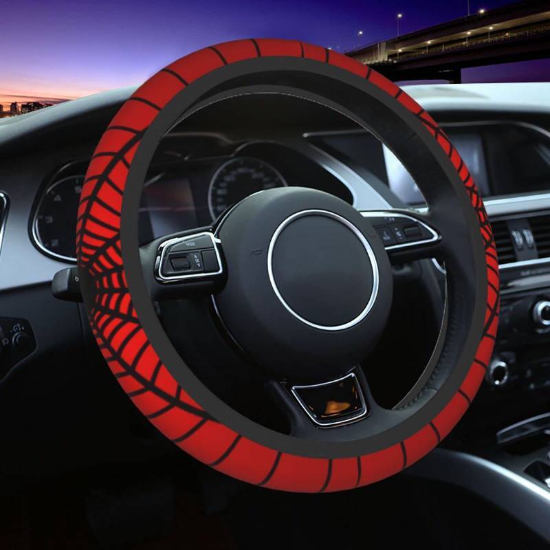 lot 2146 image: Red Spider Web Steering Wheel Cover Universal 15 Inch Cute Car Accessories Protector for Women Men - Retail $16