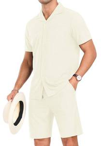 lot 420 image: PrinStory Mens Short Sleeve Outfits 2 Piece Summer Beach Button Down Shirts and Shorts Set Tracksuit with Pockets Beige-M - Retail $20