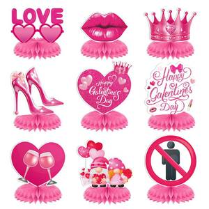 lot 422 image: RoundFunny 9 Pcs Galentines Day Decorations Honeycomb Centerpieces 3D Pink Table Decorations Love-themed Ornaments for Happy Galentines Day Party Supplies - Retail $10