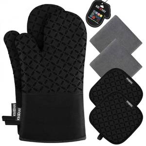 lot 431 image: KEGOUU Oven Mitts and Pot Holders 6pcs Set, Kitchen Oven Glove High Heat Resistant 500 Degree Extra Long Oven Mitts and Potholder with Non-Slip Silicone Surface for Cooking (Black) - Retail $21