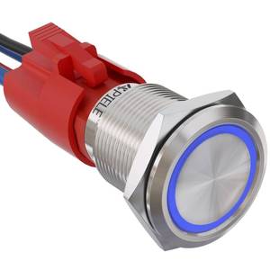 lot 434 image: APIELE 10 Amp 19mm Latching Push Button Switch 12V SPST LED Waterproof Round Self-Locking 1NO (Silver Stainless Steel, Blue) - Retail $13