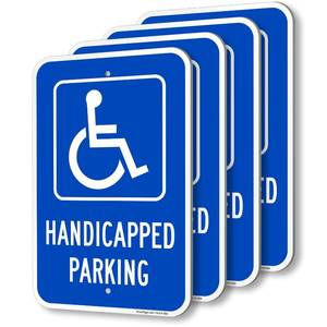lot 439 image: SmartSign (Pack of 4) 18 x 12 inch Handicapped Parking Metal Sign, 120 mil Aluminum Composite (ACM), Engineer Grade Reflective Material, White and Blue, Made in USA - Retail $52