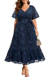 lot 442 image: Navy Blue Dress for Women Plus Size Wedding Guest Summer Wrap V Neck Semi Formal Lace Floral Maxi Dresses with Belt 18W - Retail $64