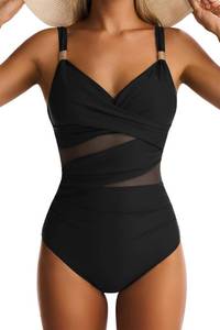 lot 445 image: EVOCRCO Women Mesh One Piece Swimsuit Tummy Control Sexy Bathing Suits V Neck Push Up Swimsuits Slimming Swimwear Black Small - Retail $38