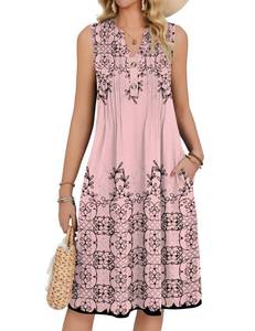 lot 452 image: Zeagoo Women Summer V Neck Pleated Sleeveless Boho Sun Dress 2026 Casual Midi Beach Vacation Tank Dress with Pockets Pink Floral Large - Retail $28
