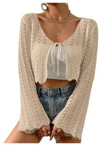 lot 455 image: SHENHE Womens Tie Front Cardigan Trumpet Sleeve Pointelle Knit Crop Tops Beige B Medium - Retail $26