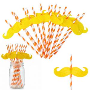 lot 471 image: Remerry 50 Pcs Moustache Straws Bulk Orange and White Striped Paper Straws with Yellow Moustache Disposable Tableware Cartoon Party Supplies for Birthday Classroom Party Decorations
