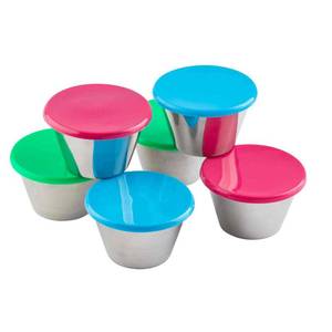 lot 489 image: Only Four Lids Tablecraft 5 oz Round Stainless Steel Ramekins, Pack of 5 with Assorted Color Lids - Retail $16