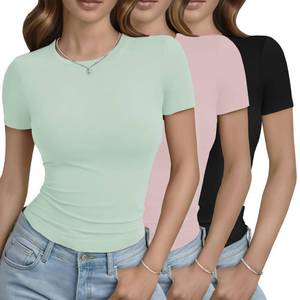 lot 493 image: GAYHAY 3 Pack Basic Tees for Women - Crew Neck Slim Fit Tight T Shirts Cute Y2K Trendy Crop Tops Clothes for Casual Summer 2025 Black Pink Sage Green Medium - Retail $30