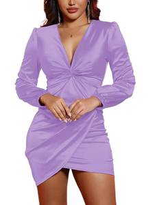 lot 505 image: DeftSharp Womens Long Sleeve Split Wrap Bodycon Cocktail Mini Dress Womens Elegant Party Dresses Lightpurple - Retail $32