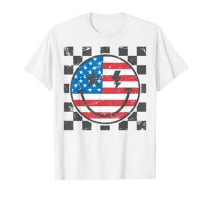 lot 515 image: BLUE, NOT WHITHappy 4th of July Groovy Smile Face Red White Blue USA Flag T-Shirt Small - Retail $19