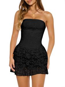 lot 516 image: Wenrine Womens Strapless Mini Dress Sexy Lace Sleeveless Ruffle Tiered Summer Bodycon Party Club Tube Top Dresses Black XL - Retail $35