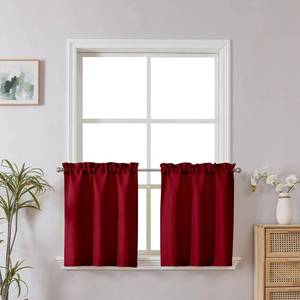 lot 517 image: Chyhomenyc Christmas Red Curtains 24 Inch Length, Faux Linen Textured Small Cafe Curtain Tiers, Light Filtering Short Camper Curtain for RV Window Bathroom, 30x24 Inch, 2PCS - Retail $9