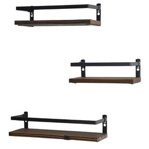 lot 521 image: PHUNAYA Floating Shelves Rustic Wood Wall Mounted Shelf Practical Metal Fence Design Ideal for Bedroom, Bathroom, Kitchen Set of 3(Brown) - Retail $25