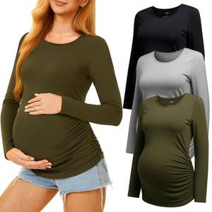 lot 522 image: MIRAZEN 3 Pack Maternity Shirts Long Sleeve Pregnancy Top for Women with Crew Neck Casual Tee Shirts, BlackLight GreyArmy Green, Medium - Retail $20