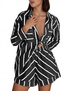 lot 524 image: Tankaneo Womens Striped 2 Piece Outfit Button Down Shirts and Shorts Lounge Matching Sets Black Large - Retail $42