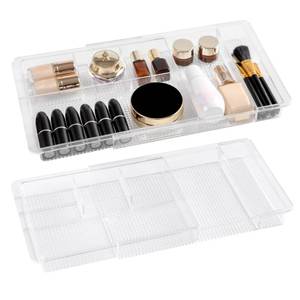 lot 529 image: Oubonun Expandable Drawer Organizer 11.1 to 19.2 Width, Shallow Cosmetic Organizer 1.3 Height, 2 Packs, Clear Plastic Storage Trays for Dressing Table,Bathroom - Retail $27
