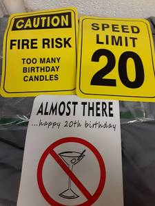lot 531 image: WERNNSAI 20th Birthday Party Decorations - 3PCS Wall Signs Funny Tags for Adults 20 Years Old Party Decor 20th Party Banner Table Centerpieces Door Wall Windows Signs Picture Props for Men Women - Retail $6