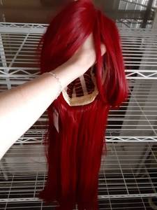 lot 562 image: LABEAUT� 31.5 Inch  80 cm Long Straight Wine Red Anime Cosplay Wig �� Synthetic Heat Resistant Hair for Women Man Costume, Party, and Halloween - Retail $30