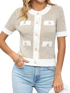 lot 564 image: Langwyqu Womens Short Sleeve Button Down Cardigans Sweater Cropped Lightweight Crew Neck Elegant Tops Apricot - Retail $17