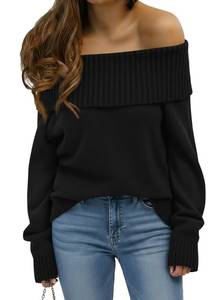 lot 567 image: Okiwam Womens Off The Shoulder Sweater Casual Loose Knitted Long Sleeve Pullover Fall Outfits Spring Fashion Clothes 2026-L Black