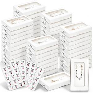 lot 579 image: ZAVOOS 50 Pack Jewelry Packaging Boxes, 5.4 x 3.2 x 0.7 Paper Necklace Gift Box with Clear Window Display Card Stickers, Sublimation Keychain Packaging Box for Bracelets, Earrings Displaying - Retail $17