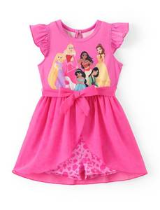 lot 583 image: Disney Princess Toddler Girl Romper With Tulle Skirt Overlay Hot Pink Character Print Ruffle Sleeve Tie Waist Bow Birthday Summer Jumpsuit 3T - Retail $24