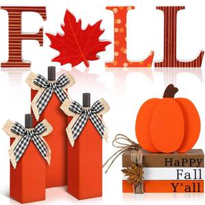 lot 590 image: FoldTier 11pcs Thanksgiving Fall Decorations for Home Pumpkin Tiered Tray Decor Fall Table Decoration Maple Leaf Wooden Sign Autumn Pumpkin Tabletop Stack Faux Books Centerpiece for Shelf Harvest - Retail $17