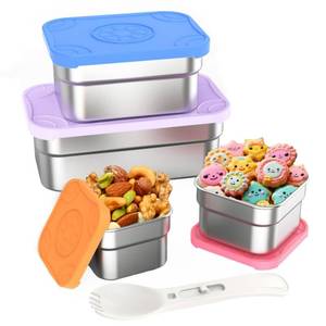 lot 603 image: DaCool 4 Pack Kids Stainless Steel Snack Containers with Lids Spork, Totally 39 oz Easy Open Leakproof Small Toddler Snack Box with Silicone Lids, Stackable Metal Lunch Box for Daycare and School - Retail $15