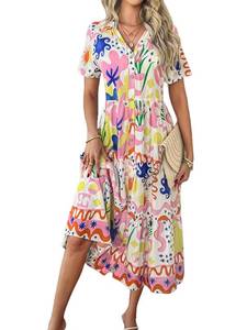 lot 619 image: Womens Floral Boho Midi Dress V-Neck Short Sleeve Summer Casual Button-Up Flowy Dresses 2026 Beach Vacation Outfits (White,Medium) - Retail $35