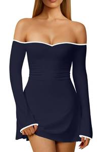 lot 627 image: DAAWENXI Womens Sexy Off Shoulder Mini Dress Fall Long Sleeve Ruched Bodycon Party Going Out Short Dresses Navy Small - Retail $36