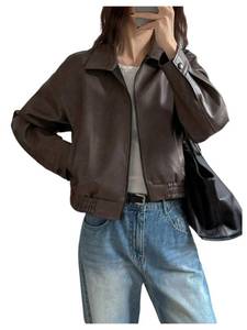 lot 631 image: Milumia Womens Faux Leather Zip Up Jacket Vintage Collared Long Sleeve Motorcycle Jackets Brown Small - Retail $49