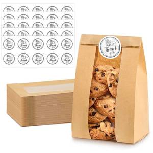 lot 646 image: Ocmoiy 100Pcs Cookie Bags with Window, 3.5x2.3x7.5 Inch Kraft Paper Bakery Bags with Thank You Stickers for Snack, Popcorn, Coffee Bean, Party Favor, Cookie Packaging - Retail $12